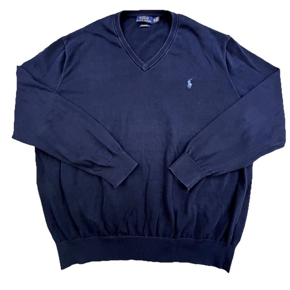 Polo Ralph Lauren Sweater Men 2XL Blue Pima Cotton Pullover V Neck Long Sleeve